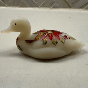 Vintage Fenton Hand Painted & Handsigned Poinsettia Glass Duck Christmas 2800B